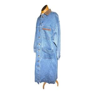 Vtg 1980s Calamity Jeans Suede Collar Longline Denim Chore Jacket Dress Sz M